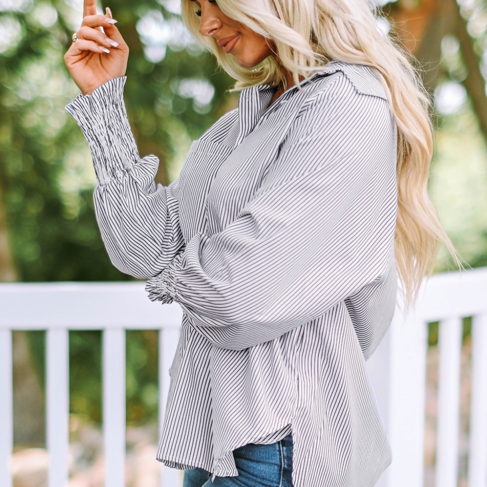 Smocked Cuffed Striped Boyfriend Shirt with Pocket - Picture 3 of 14